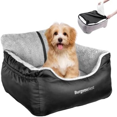 BurgeonNest Dog Car Seat for Small Dogs, Fully Detachable and Washable Dog Carseats Small Under 25, Soft Dog Booster Seats with Storage Pockets and Clip-On Leash Portable Dog Car Travel Carrier Bed.