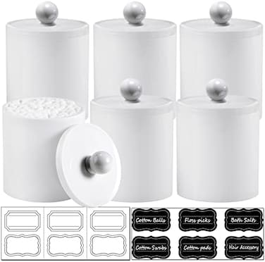 SheeChung 6 Pack Qtip Dispenser Apothecary Jars Bathroom with Labels - Qtip Holder Storage Canister Clear Plastic Acrylic Jar for Cotton Ball,Cotton Swab,Cotton Rounds,Floss Picks, Hair Clips (White.