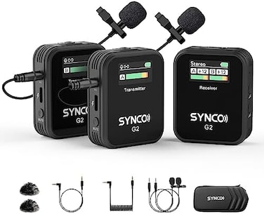 ميكروفون لاسلكي SYNCO، G2 (A22. جهاز إرسال مزدوج 4G بتردد 48 كيلو هرتز و24 بت، ميكروفون طية صدر بمدى 656 قدمًا و8 بوصات، مناسب للفصول الدراسية عبر الإنترنت، وبث مدونات الفيديو، ويوتيوب، والكاميرا، وال