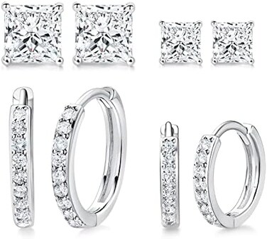 MDFUN Hoops Huggie Stud Earrings Set 14K White Gold Plated Cubic Zirconia Earring for Women Pack of 2/5 Pairs.