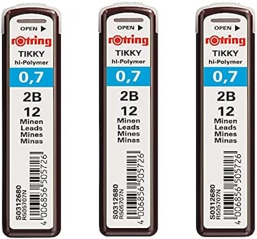 عبوات إعادة تعبئة رصاص أقلام الرصاص الميكانيكية Rotring Tikky 0.7mm 2B Hi-Polymer القوي الداكن - 36 رصاصة في المجموع - عبوة من 3 أنابيب.