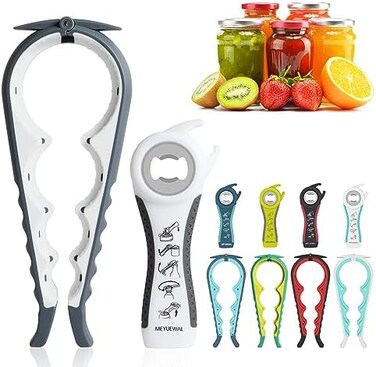 MEYUEWAL Jar Opener Bottle Opener for Weak Hands, 5 in 1 Multi Function Can Opener Bottle Opener Kit with Silicone Handle Easy to Use for Children, Elderly and Arthritis Sufferers (NEW White.