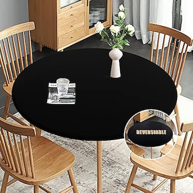 Obstal Fitted Round Table Cloth, Reversible Waterproof Stain Resistant Elastic Stretch Tablecloth, Wipe Clean Table Cover for Outdoor/Indoor Use, Fits Round Tables up to 40" - 44" Diameter, Black.
