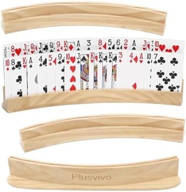 plusvivo Set of 4 Curved Playing Cards Holders for Seniors Adults - Soild Wood Cards Holders for Playing Cards 13 x 1. 9 x 2. 4 Inch for Bridge Canasta Strategy Foot and Hand.