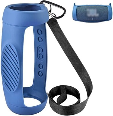 Comecase Silicone Case Cover for JBL Charge 5 Waterproof Portable Bluetooth Speaker, Travel Carrying Protective Gel Soft Skin, Waterproof Rubber Pouch with Shoulder Strap and Carabiner - Blue.