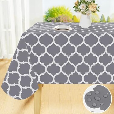 smiry Rectangle Tablecloth, Waterproof Vinyl Tablecloths with Flannel Backing for Rectangle Tables, Wipeable Spillproof Plastic Tablecloth for Dining, Camping, Indoor and Outdoor (60" x 84", Grey.
