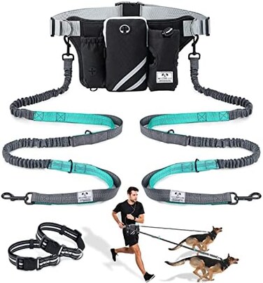 SHINE HAI Retractable Hands Free Dog Leash with Dual Bungees for 2 Dogs, Adjustable Waist Belt Fanny Pack, Reflective Stitching Leash for Running Walking Hiking Jogging Biking Black.