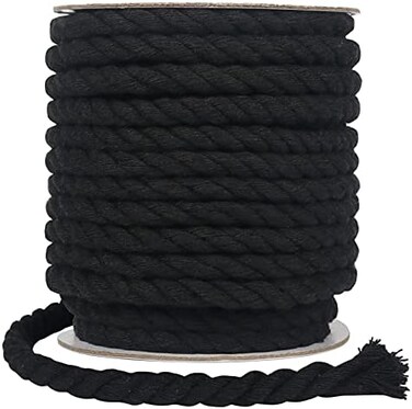 Tenn Well Black Macrame Cord 8mm, 59 Feet 3Ply Twisted Thick Cotton Rope for Crafts, Wall Hangings, Plant Hangers, Knotting, Halloween Decor.