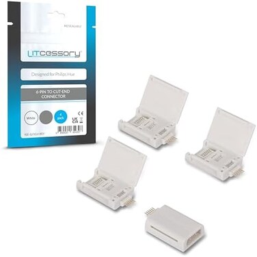 موصل Litcessory ذو 6 دبابيس إلى طرف مقطوع لشريط إضاءة Philips Hue Plus (عبوة من 4 قطع، أبيض - Micro 6-PIN V4).