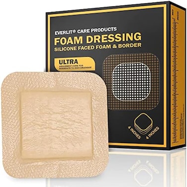EVERLIT Silicone Foam Dressing with Gentle Adhesive BorderSterile, Highly Absorbent, Waterproof Hydrocellular Foam BandagesAdvanced Wound Care for Bed Sores, Pressure Ulcers (4" x 4"10 Pack.