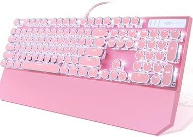 Camiysn Typewriter Style Mechanical Gaming Keyboard, Pink Retro Punk Gaming Keyboard with White Backlit, 104 Keys Blue Switch Wired Cute Keyboard, Round Keycaps for Windows/Mac/PC.