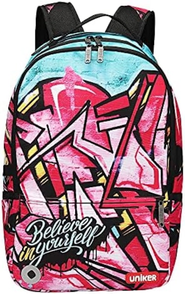 UNIKER Teens Graffiti Backpack for School,Casual Daypack with USB Charging Port,Designer Laptop Backpack for Laptop 15. 6 Inch,High School Backpack Pink.