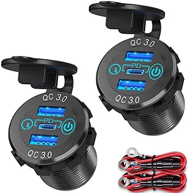 Qidoe 2 Pack 12V USB C Outlet: 56W Aluminum Socket 12V USB Outlet 20W PD3. 0 USB-C and Dual QC3. 0 Ports with Touch Switch DIY USB Car Charger Socket Waterproof for Car Boat RV Motorcycle Truck Golf e