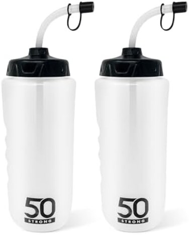 50 Strong 1 Liter Sports Water Bottle W/Straw - Easy SqueezeBuilt In Finger Grip - BPA Free Plastic - Use W/Sport Helmet In FootballHockey - SingleMulti-pack (2-Pack.
