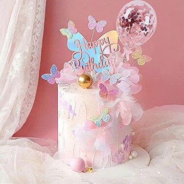 Newmemo 12pcs Gradient Sequins Cake Toppers, Rose Gold Confetti Balloon Cake Supplies, Glitter Cupcake Toppers Picks, Butterfly Decorations for Birthday Wedding Fairy Party.