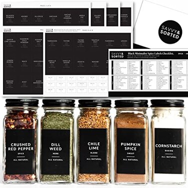 SAVVY &amp; SORTED Black Spice Labels for Spice Jars - 148 Minimalist Spice Jar Labels for Spice Containers - Spice Labels Stickers Preprinted - Spice Organizing Labels Herb Seasoning Kitchen Pantry Label