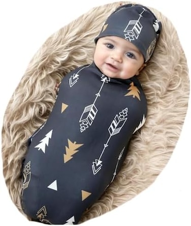 Galabloomer Newborn Swaddle Blanket with Beanie Set Baby Boy Receiving Blanket Rainbow (Gold Arrow.