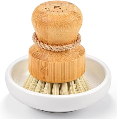 SUBEKYU Bamboo Dish Scrub Brush for Kitchen Sink, Natural Wooden Washing Dish Brush Scrubber with Sisal Bristles for Household Cleaning, Cast Iron Pots, Pans and Vegetables.