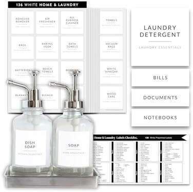 SAVVY &amp; SORTED Laundry Labels for Jars, 136 HomeLaundry Stickers Labels, Laundry Room Organization Labels, OfficeKitchen Labels, Cleaning Labels for JarsSpray Bottles, Linen Closet Labels Household La