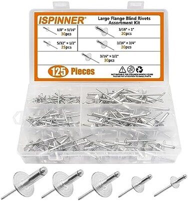 ISPINNER 125pcs Large Flange Aluminum Blind Rivets, Pop Rivets Assortment Kit (Silver.
