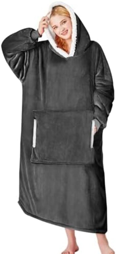 Yescool Oversized Wearable Blanket Hoodie, Flannel Sherpa Fleece Blanket Sweatshirt for Adults Women Men, Big Plush Cozy Hooded Blanket with Hood, PocketSleeves, One Size Fits All (Grey.