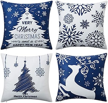 NANAN Christmas Pillow Covers 18X18 Inch Navy Blue Christmas Pillow Cases Snowflake Merry Christmas Holiday Pillowcases Xmas Trees Elk Deer Decorative Cushion Covers for Party Sofa Couch Set of 4.