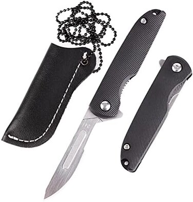 Samior S51 Mini Slim Flipper Folding Scalpel Neck Knife with 10pcs24 Blades, ABS Handle with Liner Lock, Utility EDC Keychain Pocket Knives with Leather Sheath.