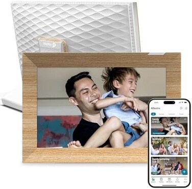 Nixplay Digital Touch Screen Picture Frame with WiFi - 10. 1&rdquo; Photo Frame, Connecting FamiliesFriends (White/Wood.