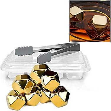 مجموعة هدايا KEISSCO Whiskey Stones Gold Edition، تتكون من 8 مكعبات ثلج معدنية على شكل ماسة مصنوعة من الفولاذ المقاوم للصدأ، وأحجار تبريد قابلة لإعادة الاستخدام، بالإضافة إلى ملقط ذي طرف سيليكون وصيني