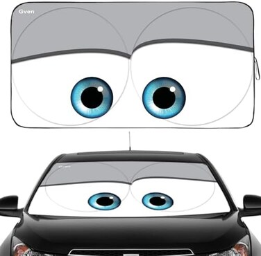 Gven Foldable Front Windshield Funny Car Eyes Sunshades Sun Visor Protector Blocks UV Rays, 210T, Keep Your Vehicle Cool (Eyes-Grey, Large.