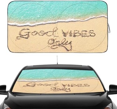 Gven Windshield Sun Shade, Car Front Window Shades Cute Sunshade Windshield Cover Sun Visor Shield Block Automotive Interior Protector Blocks UV Rays for Car Pickup Truck SUV (Good Vibes, L.
