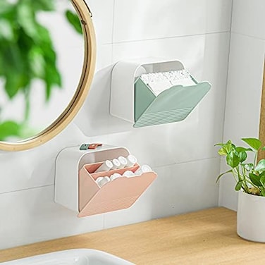MORNITE Wall Organizer Box Jar, Bathroom Vanity Storage Canister Holder for Cotton Swabs,Balls,Makeup Pads,Sponges,Bath Salts,Sanitary Napkins, Kitchen Office Bedroom Washroom,Pink.