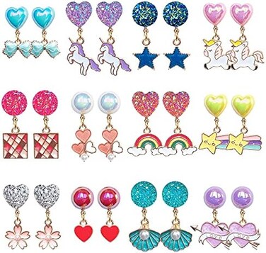 ELEMIRSA 12 Pairs Clip On Earrings Girl Party Favor Princess Clip on Earrings Pretend Play Unicorn Earrings for Little Girl Kids Toddlers Jewelry Set, One Size, Metal, resin.