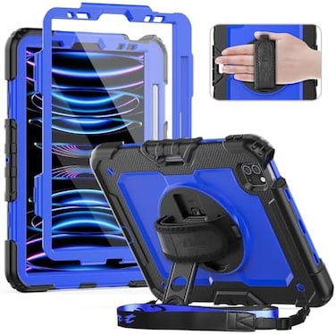 Timecity iPad Pro 11Case 2022/2021/2020/2018,Durable and Sturdy Case with Screen Protector, Rotating Stand, Hand/Shoulder Strap for iPad Pro 11 Inch 4th/3rd/2nd/1st Generation, Dark Blue.