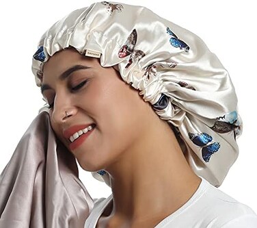 SAYMRE 100% Mulberry Silk Lined Bonnet Satin Sleep Cap 16 Momme Hair Cover Silk Bonnet for Women Curly,Long Hair Care, Butterfly, L.