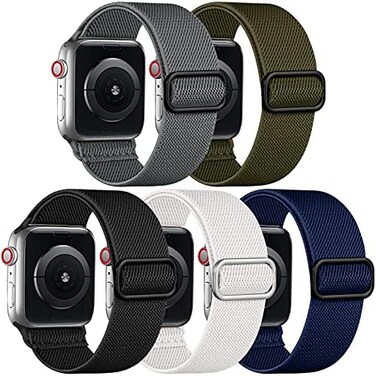 Adorve 5 Pack Stretchy Solo Loop Bands Compatible with Apple Watch Band 38mm 40mm 42mm 44mm for Women Men, Adjustable Soft Nylon Elastic Braided Replacement Straps for iWatch SE Series 7/6/5/4/3/2/1.