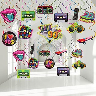 Censen 30pcs 90s Theme Party Decorations Hanging Swirls 90s Birthday Party Hip Hop 90s 90s Party Ceiling Decoration for Retro Party Rock Hippie Party.