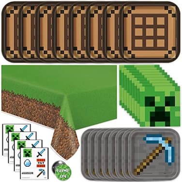 Unique Minecraft Party Supplies, Minecraft Birthday Party Supplies for Boys or Girls - Serves 16 Guests - With Table Cover, Plates and More.