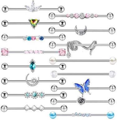 TIANCI FBYJS 14-16pcs 14G Stainless Steel Industrial Piercing Barbell Earring Cartilage Body Jewelry 38mm 11/2 Inch Industrial Piercing Bar for Women Men Snake Chain Dangle, Metal, agate.