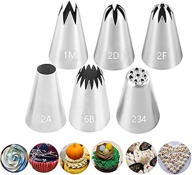 Bmaacye Large Icing Piping Tips Set for Cake Decorating,6 Decorating Tips Stainless Steel Pastry Tips,Flower Frosting Tips Nozzles,1M 2A 2D 2F 6B 234.