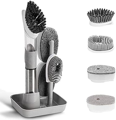 QUTHZZHY Dish Cleaning Brush, Soap Dispensing Dish Brush Set with 4 Replacement Heads and Storage Holder, Kitchen Scrub Brush for Dish Pot Pan Sink Cleaning (Grey.