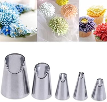 Suuker Rose Flower Piping Tips Set, Stainless Steel Chrysanthemum Nozzles, Crinkle Cream Laminating Nozzle Cupcake Pastry Tool For Decorating Cake Tulip Pastry Nozzle Baking Forms Pastry (5 Pieces.