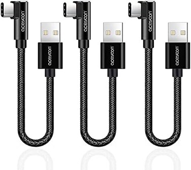 aceyoon 3 Pack 90 Degree USB C Cable, 0. 6ft Short Right Angle Type C Charger Braided USBC to USB A 20cm Charging and Data Sync Cord Compatible for S10 S9 S8, P40 P30 P20, Mate 30/20, Pixel.