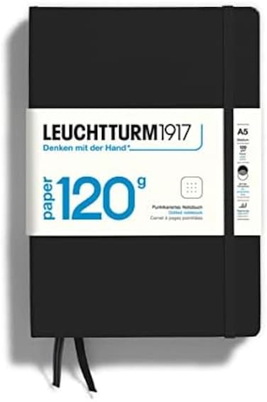 LEUCHTTURM1917-120G إصدار خاص - دفتر ملاحظات متوسط ​​الحجم A5 منقط بغلاف مقوى (أسود - 203 صفحات مرقمة مع ورق 120 جرامًا للمتر المربع).