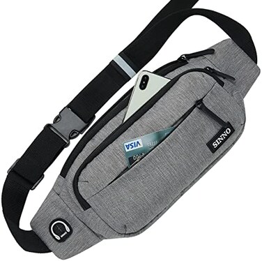 SINNO Large Fanny Pack With 4-Zipper Pockets for Running Hiking Travel Workout Dog Walking Outdoors Sport Fishing Waist Pack Bag, Grey(4 Zipper Pockets,.