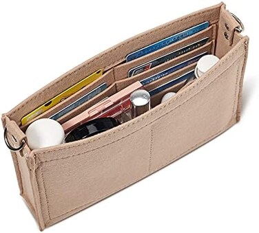 Vercord Felt Purse Insert Organizer 26 19 Toiletry Pouch Insert with D Ring Attach Chain Strap Beige L, Beige, Large.