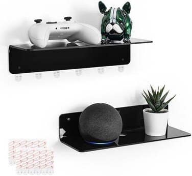OAPRIRE Black Floating Shelves Set of 2, 12 Inch Command Strip Shelf for Bedroom, Kitchen, Office, Gaming Room, Acrylic Wall Shelves with Cable Clips.