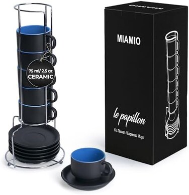 MIAMIO - طقم أكواب إسبريسو من الخزف الحجري سعة 6 × 75 مل، لون خارجي أسود، لون داخلي ملون (أزرق).