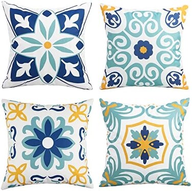 Pyonic Outdoor Waterproof Throw Pillow Covers Set of 4 Floral Printed and Boho Farmhouse Outdoor Pillow Covers for Patio Funiture Garden 18x18 Inch Blue.