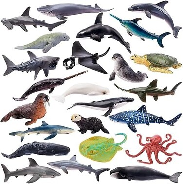 TOYMANY 24pcs Mini Ocean Animal Figurines: Realistic Cake Toppers with Sharks, WhalesOctopus - Great for Kids' Parties, GiftsSchool Projects.